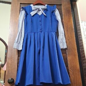 Blue Pinafore Dress + Striped Bow Blouse